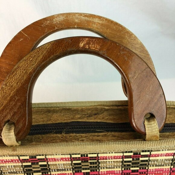 Mid Century Modern Handmade Purse Woven Straw Wood u Lined Wood Handle MCM u - Picture 3 of 11